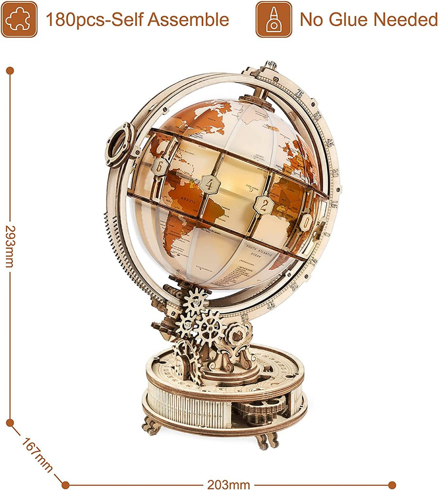 3D Luminous Wooden Globe Model Kit – Eco-Friendly 180-Piece Rotating World Globe Lamp with USB Power