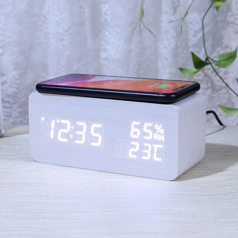 Smart Modern Wooden Digital Alarm Clock with Wireless Charging