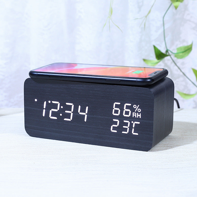 Smart Modern Wooden Digital Alarm Clock with Wireless Charging