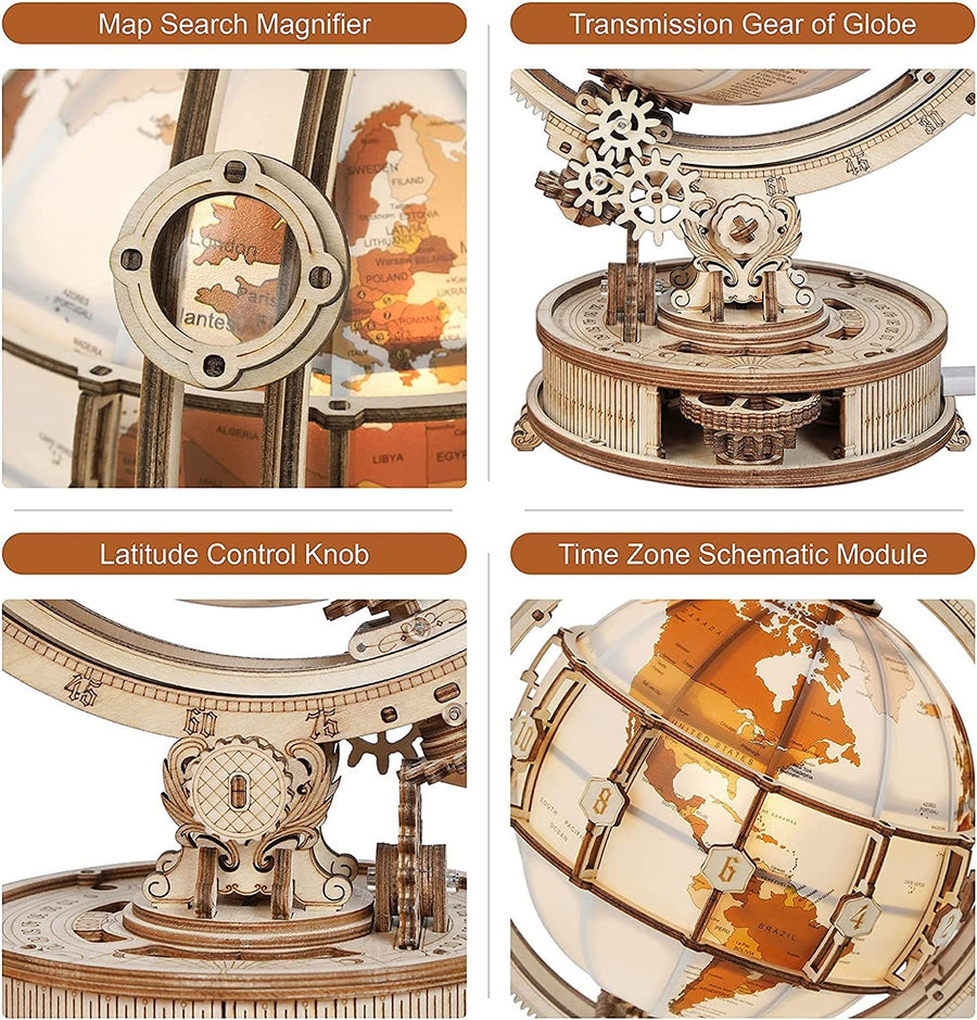 3D Luminous Wooden Globe Model Kit – Eco-Friendly 180-Piece Rotating World Globe Lamp with USB Power