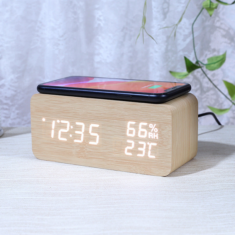 Smart Modern Wooden Digital Alarm Clock with Wireless Charging