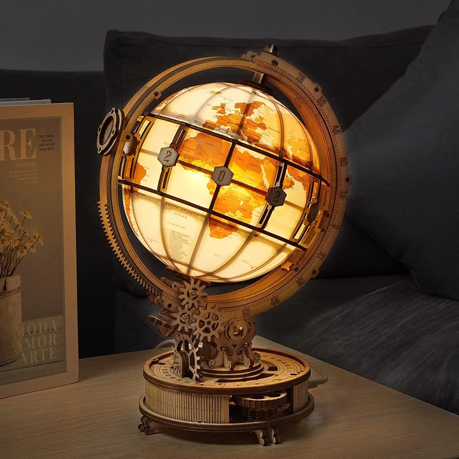 3D Luminous Wooden Globe Model Kit – Eco-Friendly 180-Piece Rotating World Globe Lamp with USB Power