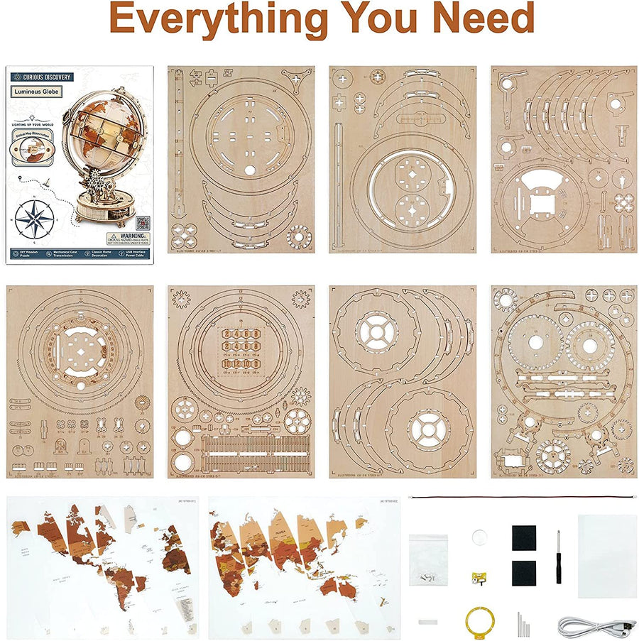 3D Luminous Wooden Globe Model Kit – Eco-Friendly 180-Piece Rotating World Globe Lamp with USB Power