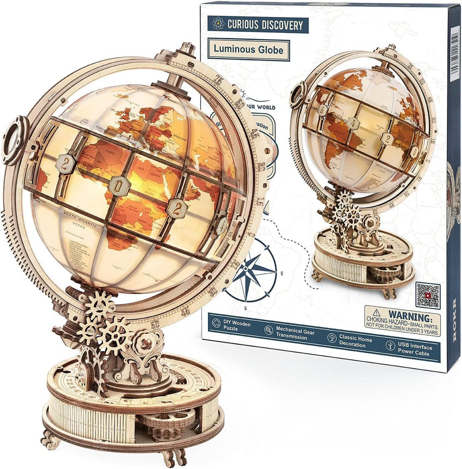 3D Luminous Wooden Globe Model Kit – Eco-Friendly 180-Piece Rotating World Globe Lamp with USB Power