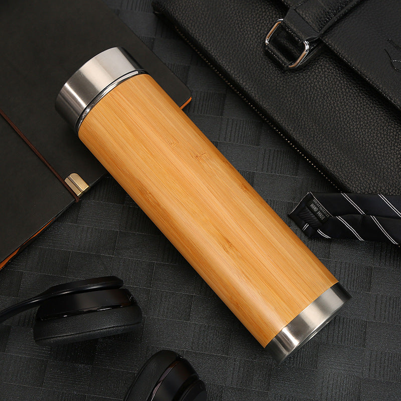 500ml Bamboo Insulated Stainless Steel Water Bottle with Tea Infuser – Eco-Friendly Wooden Thermos