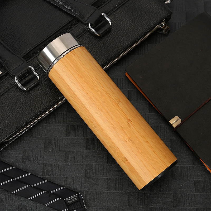 500ml Bamboo Insulated Stainless Steel Water Bottle with Tea Infuser – Eco-Friendly Wooden Thermos