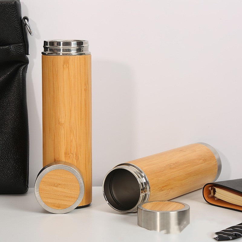 500ml Bamboo Insulated Stainless Steel Water Bottle with Tea Infuser – Eco-Friendly Wooden Thermos