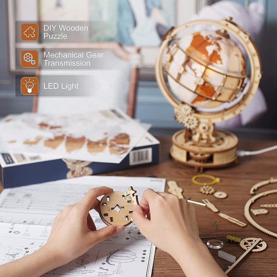 3D Luminous Wooden Globe Model Kit – Eco-Friendly 180-Piece Rotating World Globe Lamp with USB Power