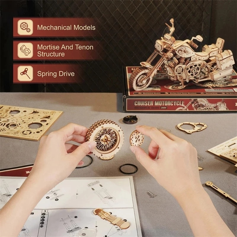 DIY Wooden Cruiser Motorcycle Model Kit – 420 Pcs Building Block Set for Kids & Adults