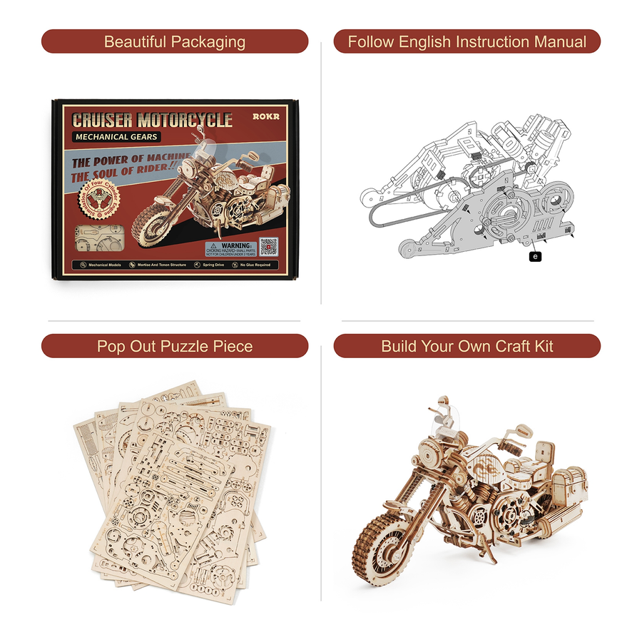 DIY Wooden Cruiser Motorcycle Model Kit – 420 Pcs Building Block Set for Kids & Adults