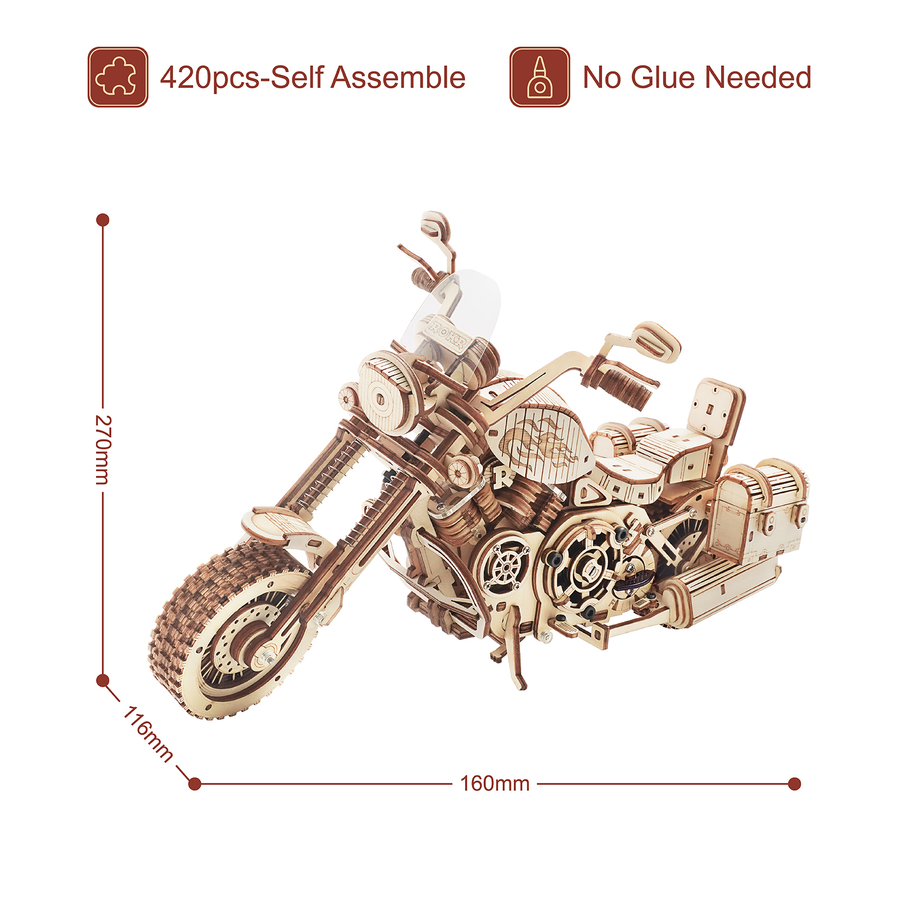 DIY Wooden Cruiser Motorcycle Model Kit – 420 Pcs Building Block Set for Kids & Adults